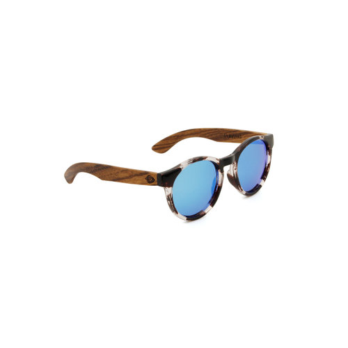 Houten zonnebril rond montuur met blauwe  gepolariseerde spiegelglazen en multicolor frame