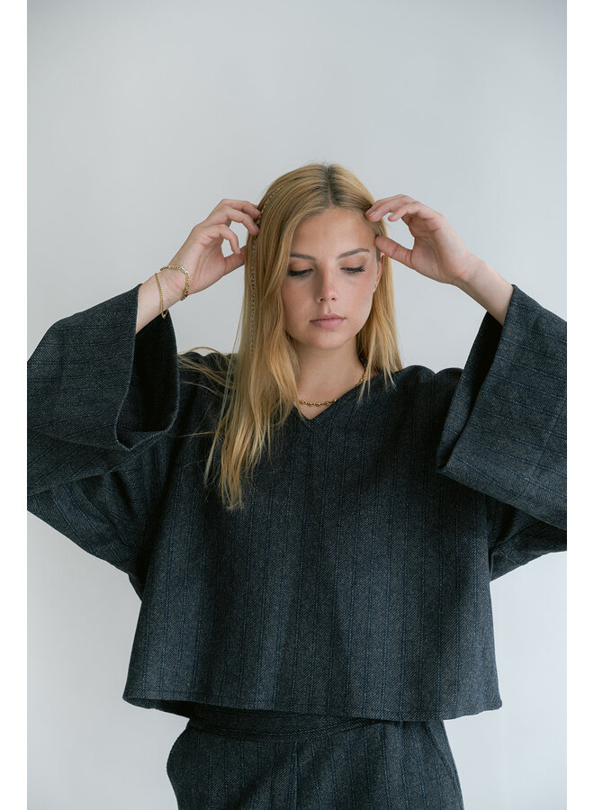 Mira Blouse Grey Cobalt Stripe