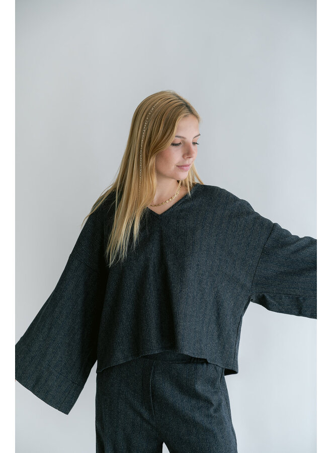 Mira Blouse Grey Cobalt Stripe