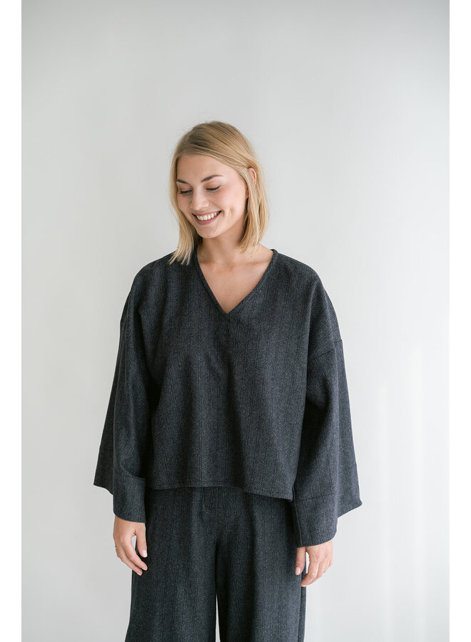 Mira Blouse Grey Cobalt Stripe