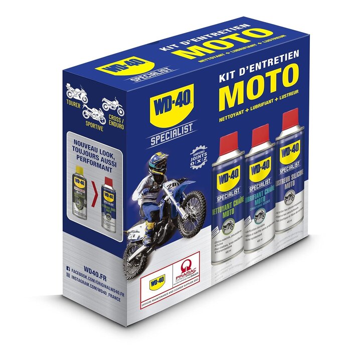 WD-40 Specialist Moto • Motorradpflegeset • ein Kettenreiniger • ein Schmiermittel für Kette • ein Poliermittel aus Silikon • 3-in-1-Lösung für Motorrad
