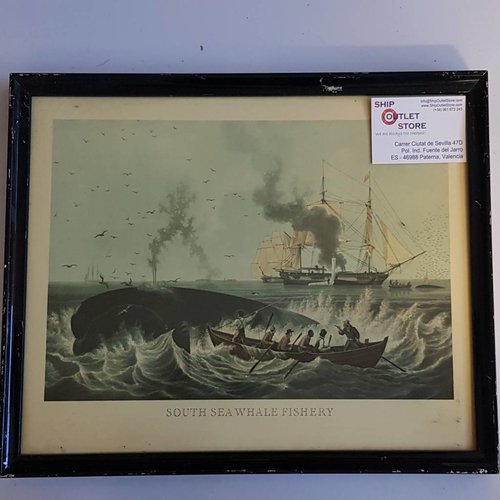 Oude prent in lijst van de "South Sea Whale Fishery ca. 1850" Afmeting 430 x 320mm