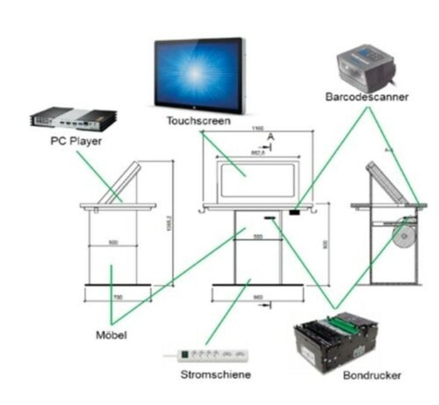 Terminal en línea con monitor táctil de 32 "Reproductor de PC Impresora de recibos Escáner de código de barras