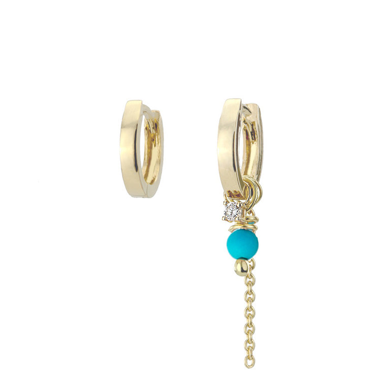 EARRING PLAIN PLUS EARRING DIAMOND, CORAL AND CHAIN/ 14K YELLOW GOLD