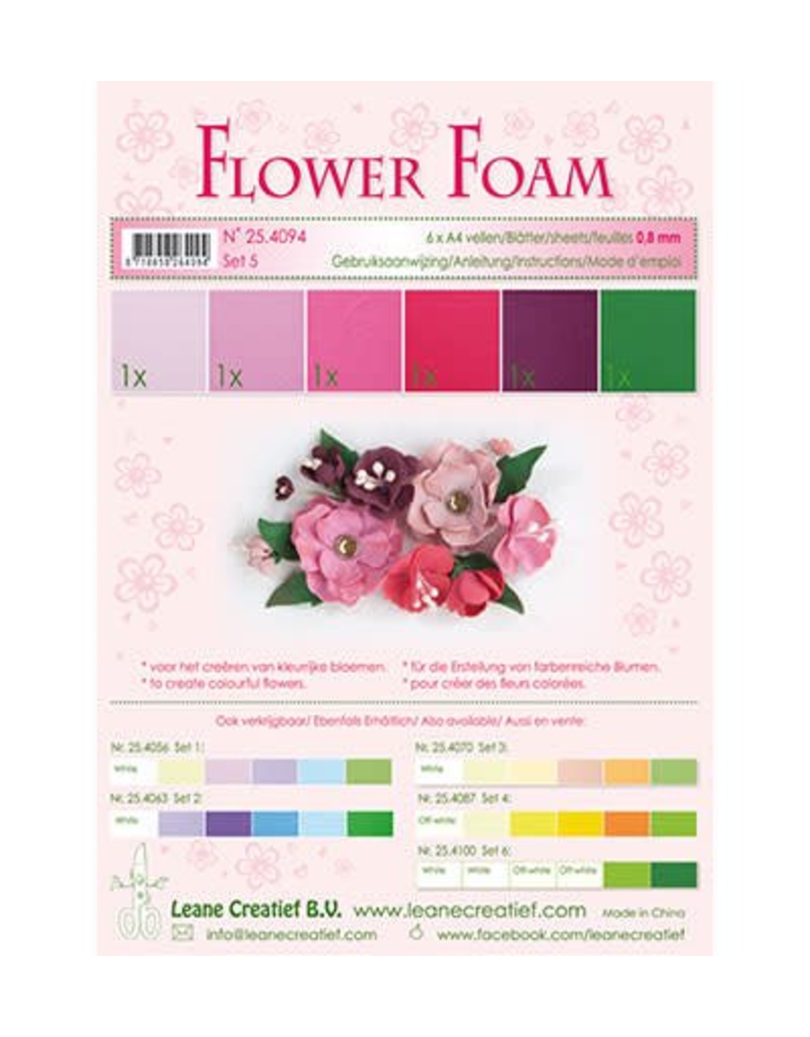 LeCrea -Foam LeCrea - Flower Foam assort. 5. 6 vel A4 rood. roze