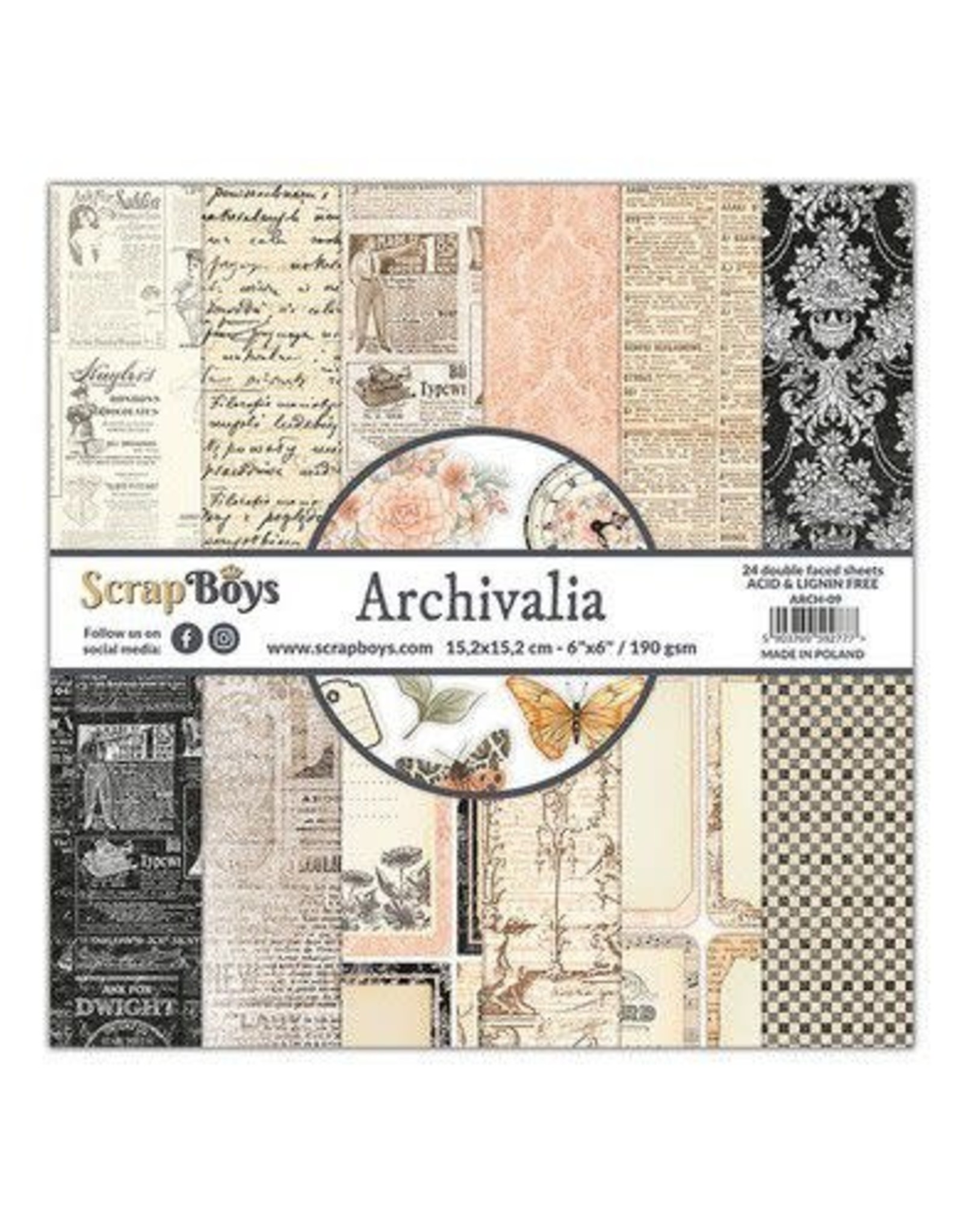 Scrapboys ScrapBoys Archivalia paperpad 24 vl+cut out elements-DZ ARCH-09 190gr 15,2cmx15,2cm