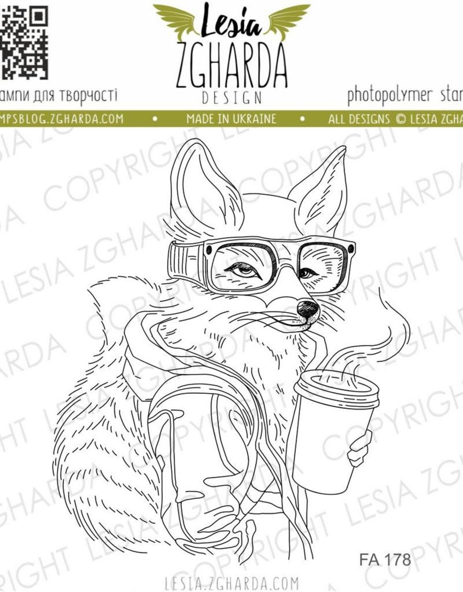 Lesia Zgharda Lesia Zgardha  Design Stamp    Fox with Coffee FA178