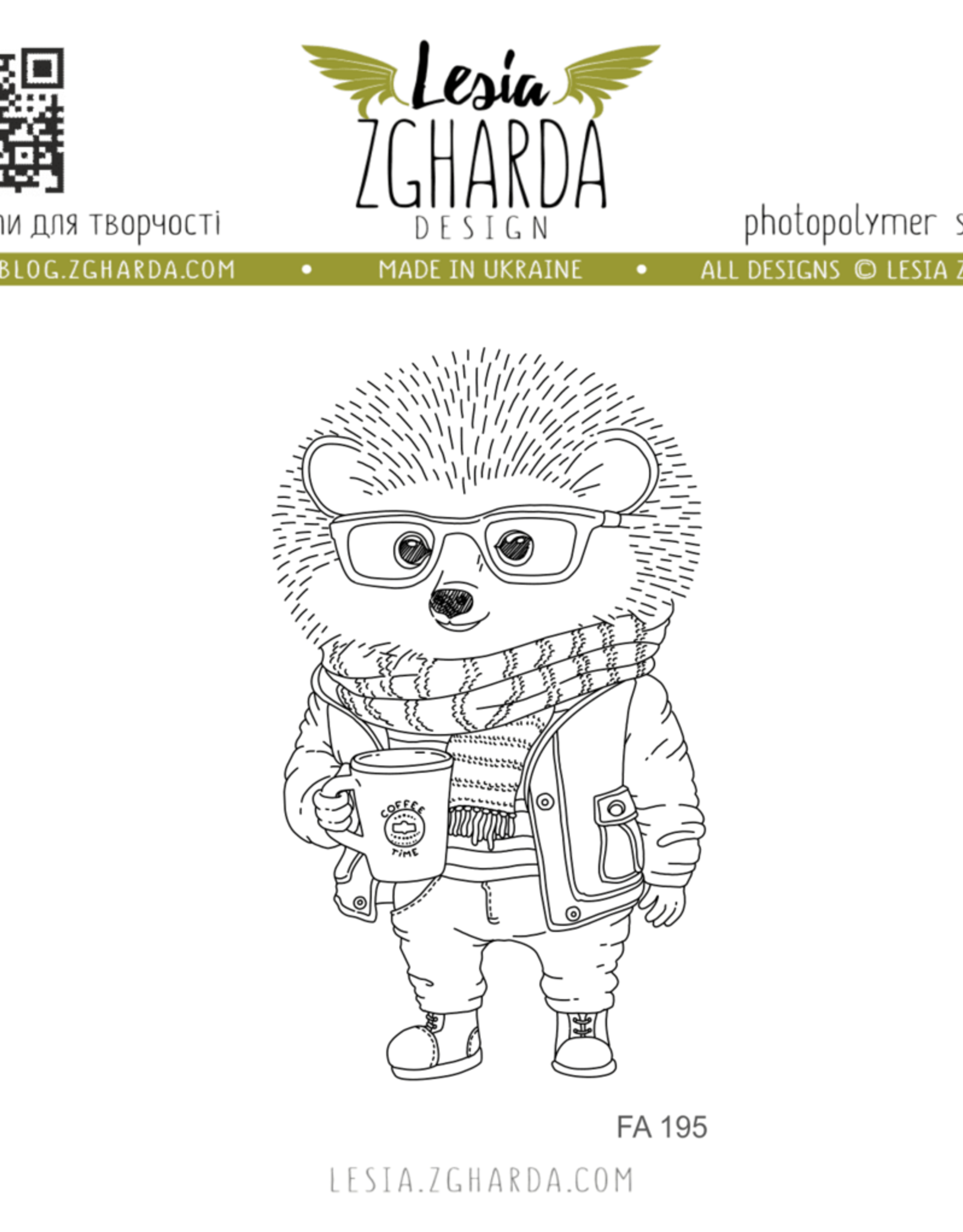 Lesia Zgharda Lesia Zgharda Design Stamps Hedgehog with coffee  FA195