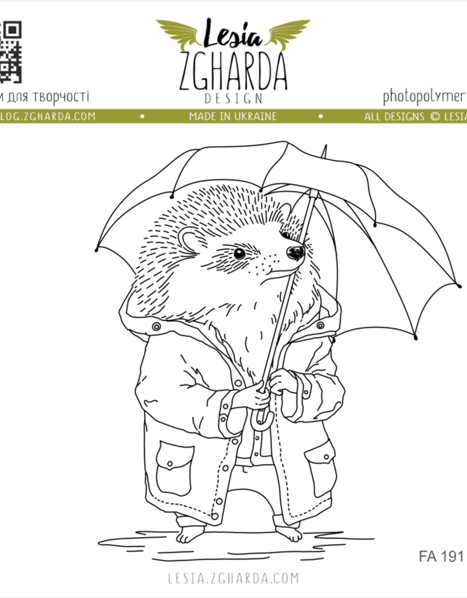 Lesia Zgharda Lesia Zgharda Design Stamps  Hedgehog with an umbrella FA191