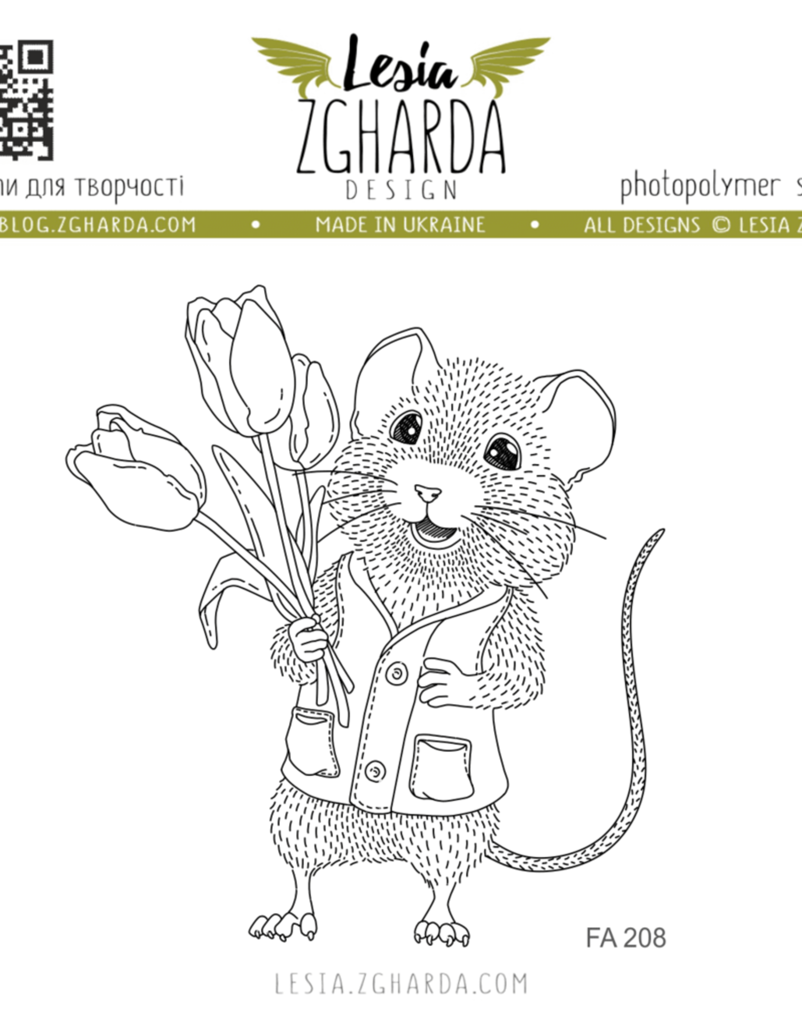 Lesia Zgharda Lesia Zgharda Design Stamp "Mouse with bouquet of tulips" FA208