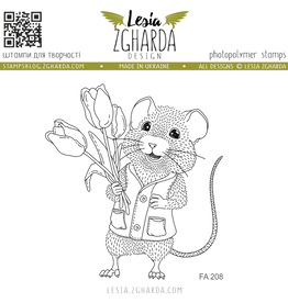 Lesia Zgharda Lesia Zgharda Design Stamp "Mouse with bouquet of tulips" FA208