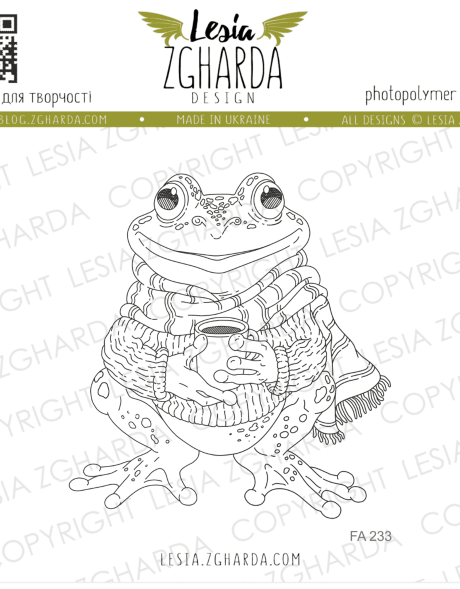 Lesia Zgharda Lesia Zgharda  Cozy Frog with Scarf and Coffee  FA233