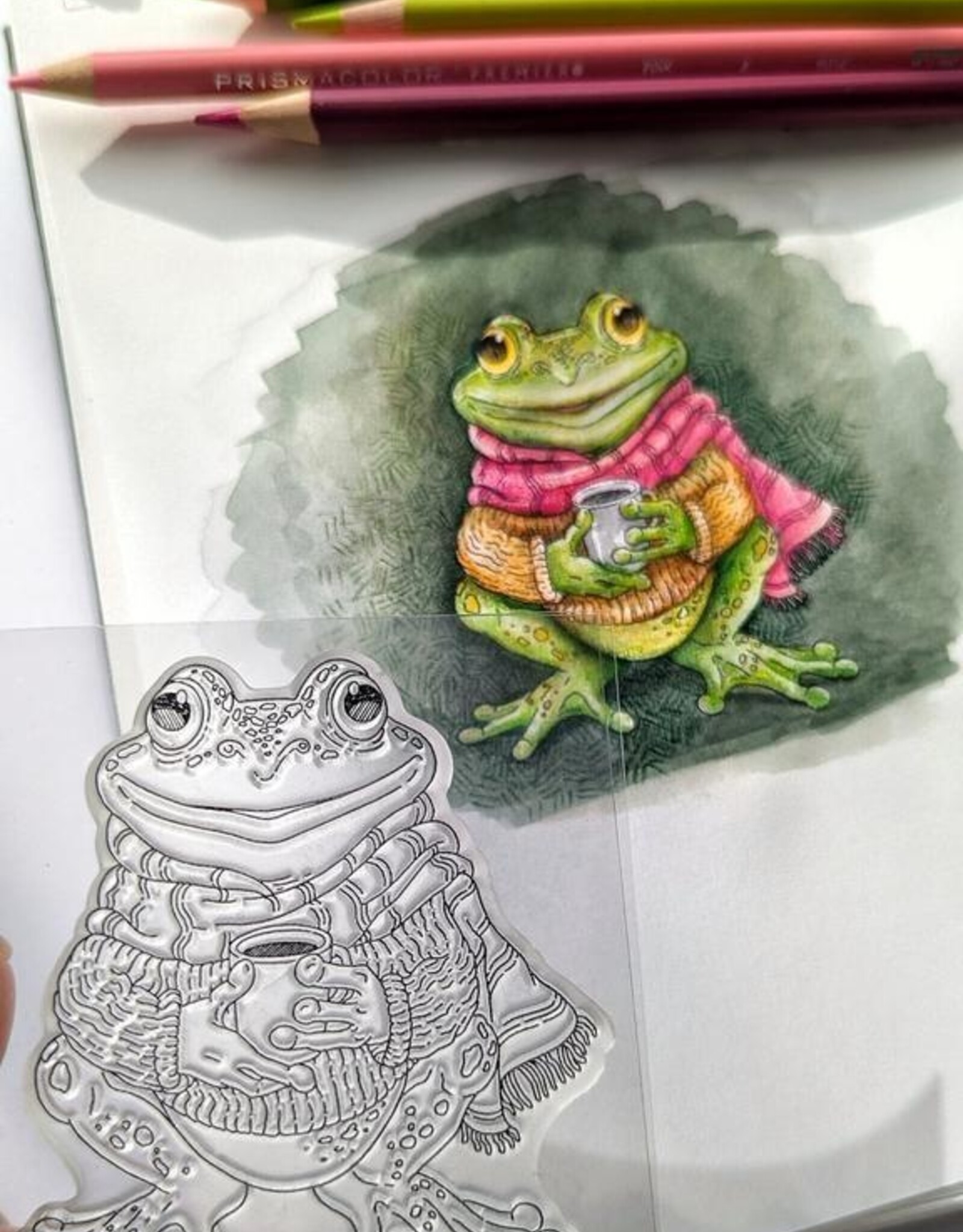 Lesia Zgharda Lesia Zgharda  Cozy Frog with Scarf and Coffee  FA233