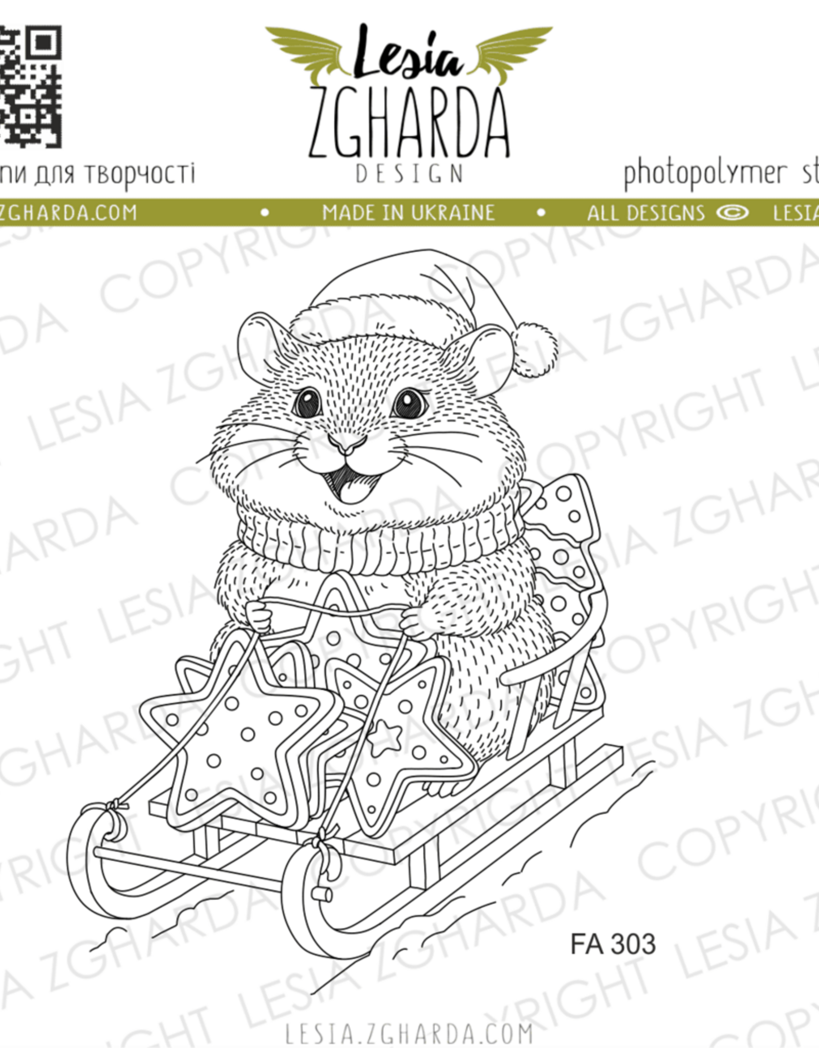 Lesia Zgharda Lesia Zgharda Stamps Hamster with a Christmas Cookie on the Sledge FA303
