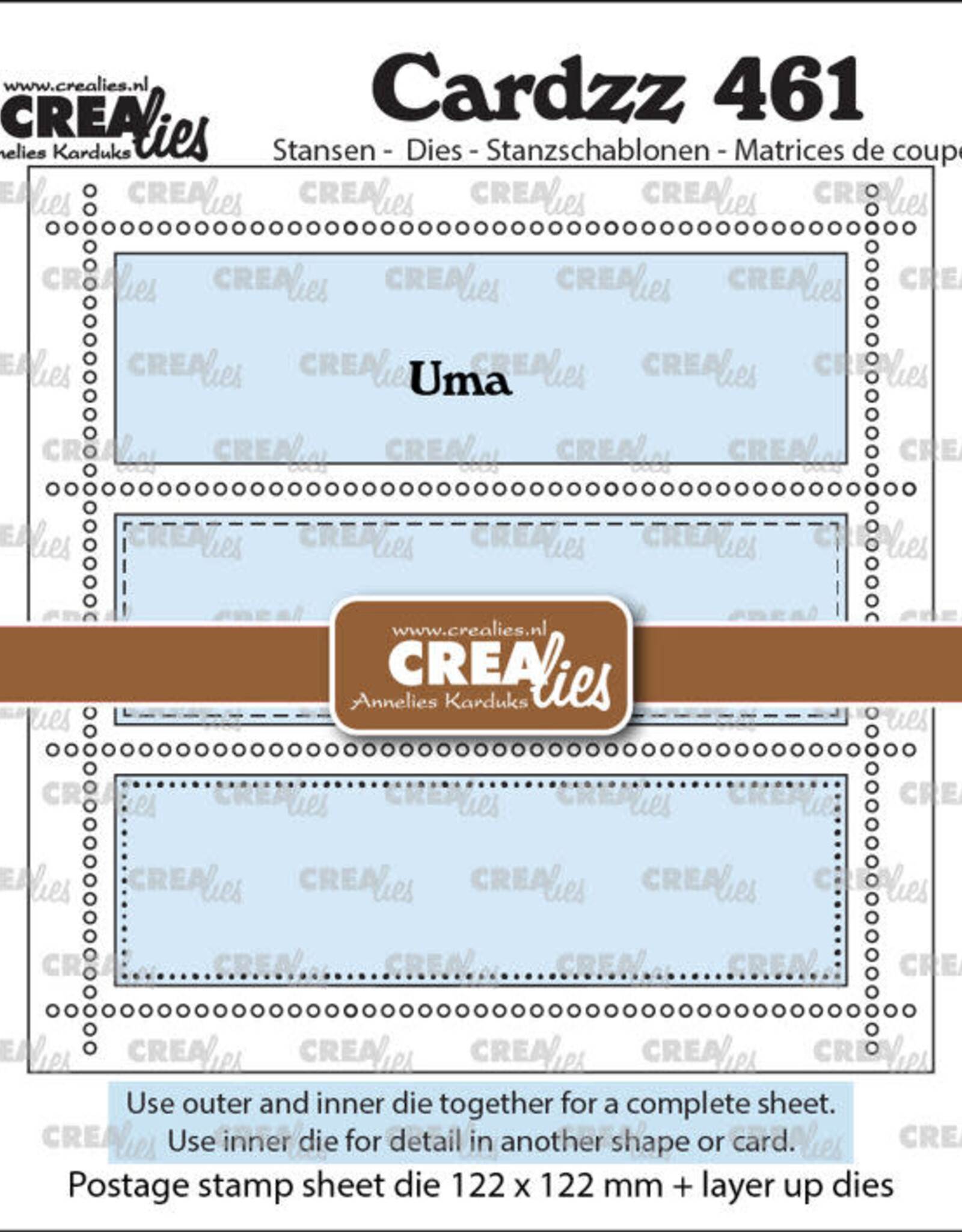 Crealies Crealies Cardzz stansen no. 461, Vierkant Postzegelvel Uma met 3 rechthoeken  CLCZ461