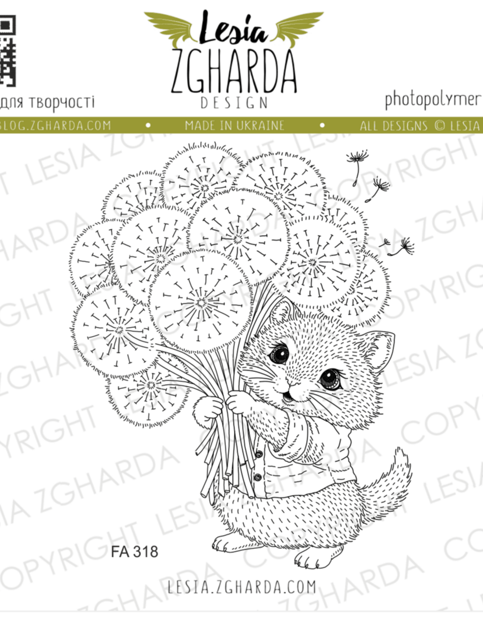 Lesia Zgharda Lesia Zgharda Stamp “Kitty with a Dandelion Bouquet FA318