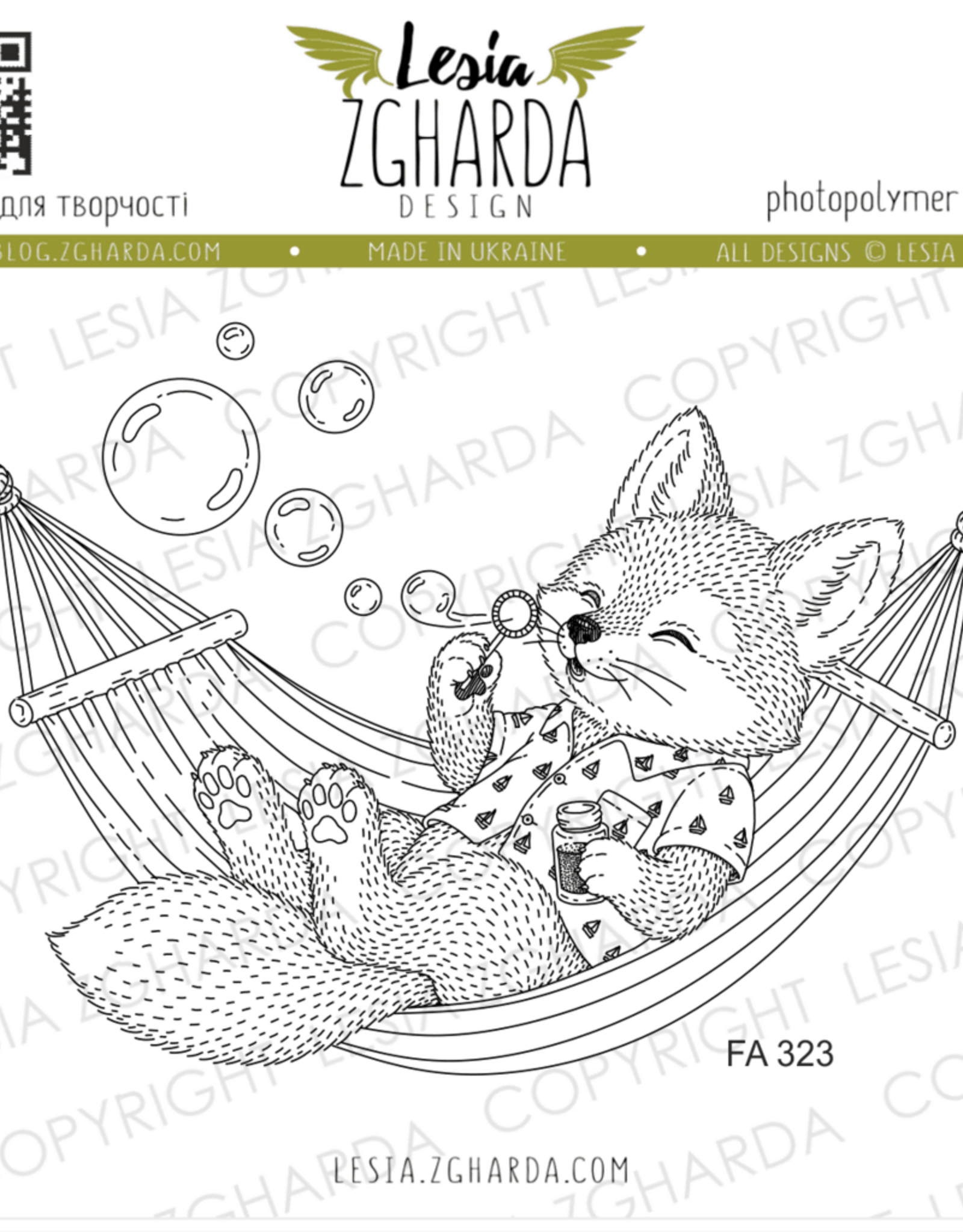Lesia Zgharda Lesia Zgharda Stamp "Fox Kit on a Hammock Blowing Bubbles" FA324