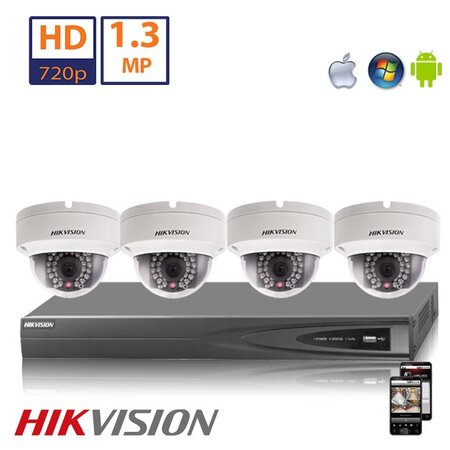 Hikvision HD 1.3 MP camerasysteem met 4x IP Dome Camera