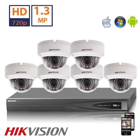 Hikvision HD 1.3 MP camerasysteem met 6x IP Dome Camera