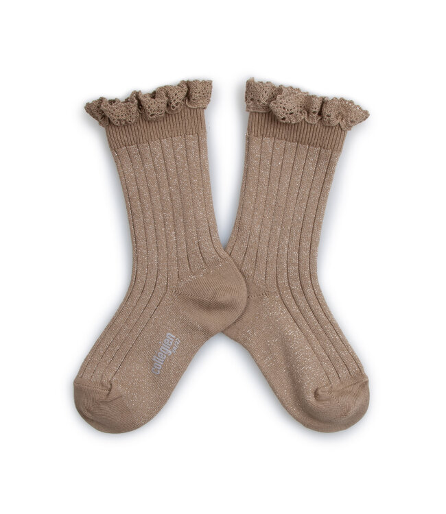 Collegien Collegien rib socks glitter with lace petite taupe