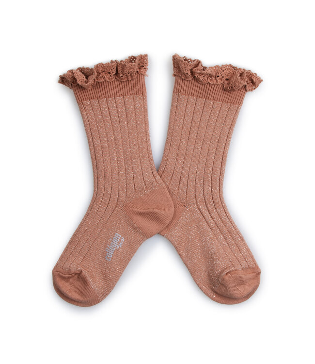 Collegien Collegien rib socks glitter with lace bois de rose