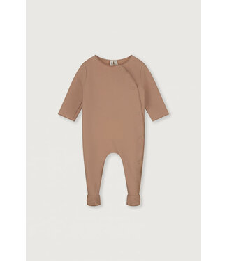 Gray label newborn onesie with snaps biscuit