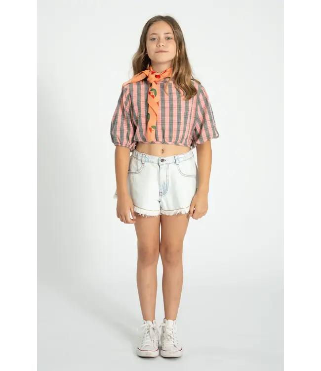cropped blouse w/ ballon pink green checkered