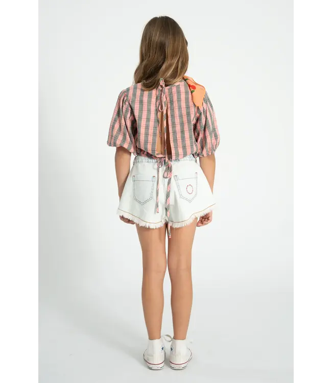 cropped blouse w/ ballon pink green checkered