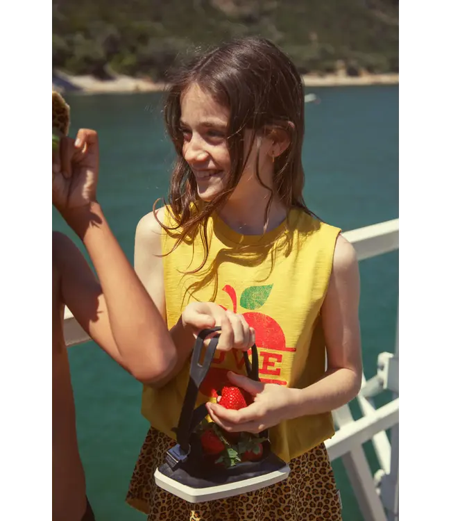 sleeveless top mustard w/apple