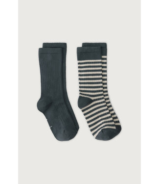 Gray label Ribbed Socks GOTS | 2-pack Blue Grey - Cream
