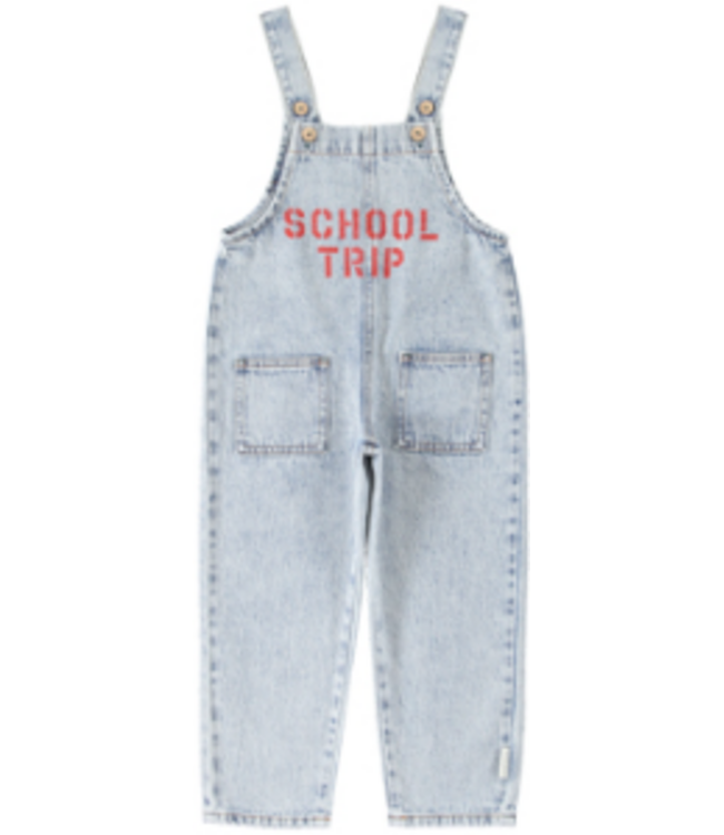 dungarees | fadded light blue denim w/ "school trip" print