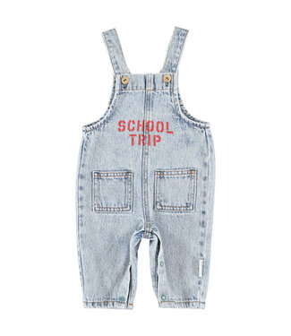 Piupiuchick dungarees | fadded light blue denim w/ "school trip" print