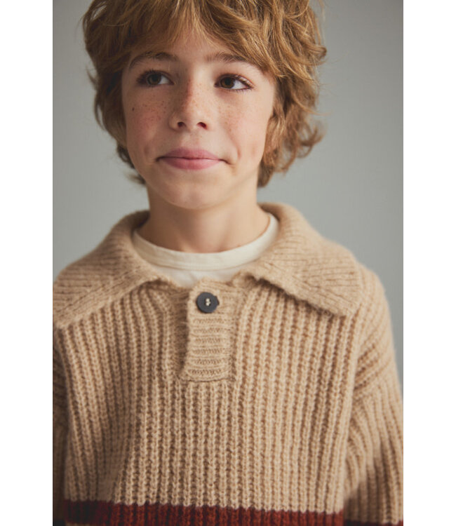 Light tricot knit striped polo sweater
