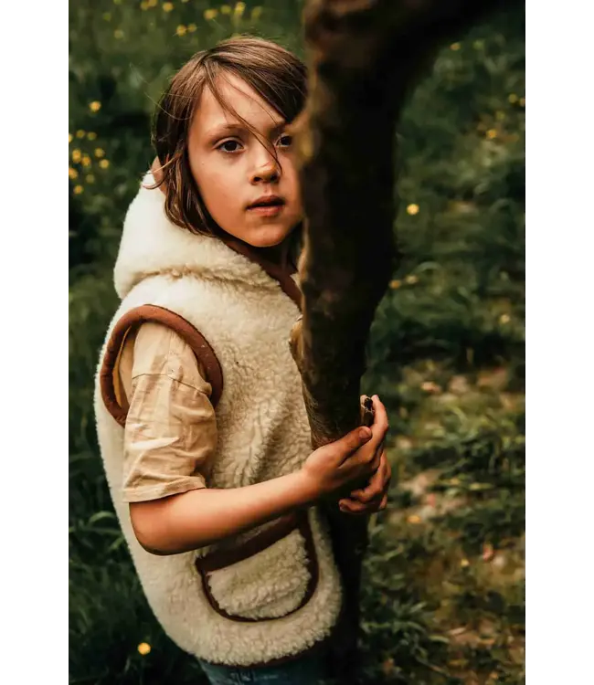 wollen bodywarmer hood flat white caramel