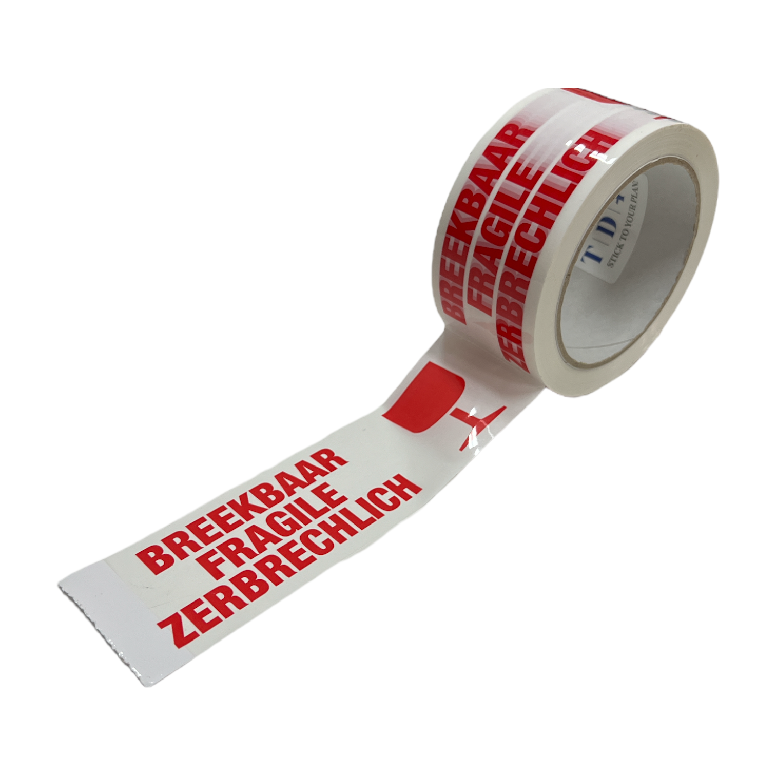 TD47 Verpakkingstape Breekbaar / Fragile / Zerbrechlich x 66m Wit - Tape-Deal.com