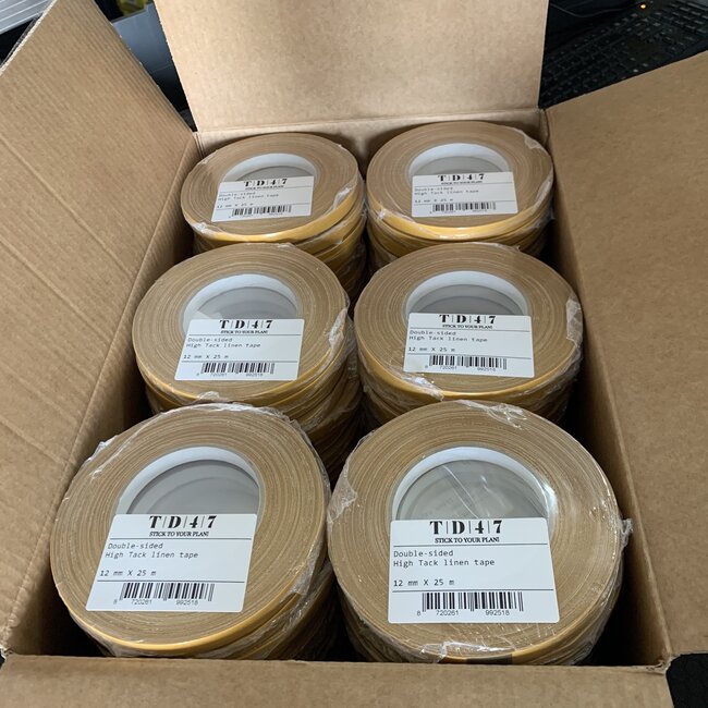 TD47 Dubbelzijdige High Tack linnen tape 25mm x 25m (Box 48 stuks)