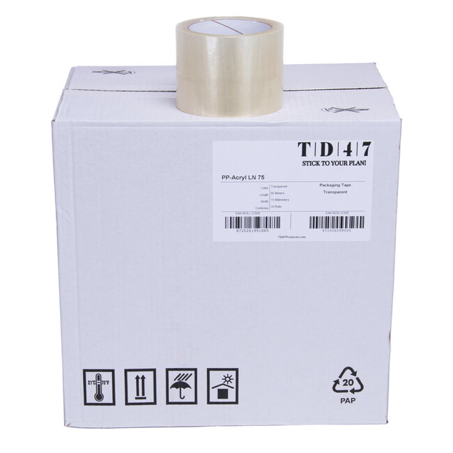TD47 Verpakkingstape PP low noise 75mm x 66m Transparant (Doos 24 Rol)