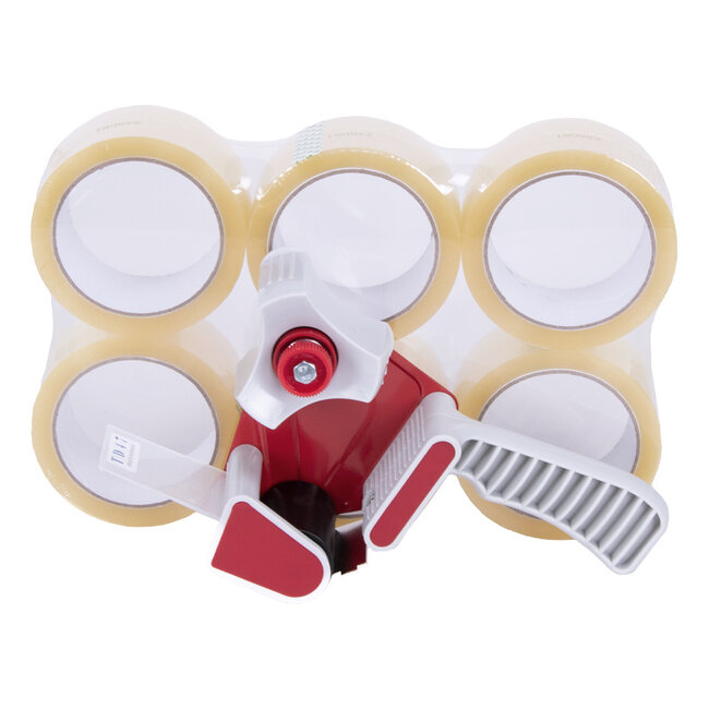 TD47 Deal 6x Verpakkingstape PP low noise 50mm x 66m Transparant + Dispenser