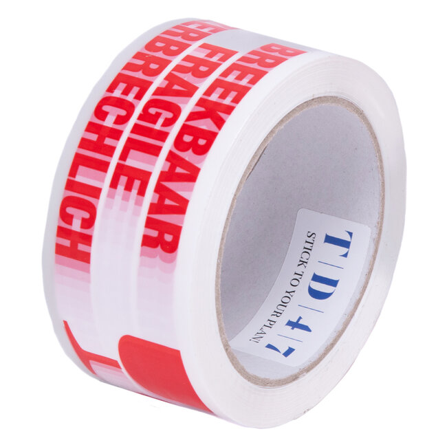 TD47 Verpakkingstape Breekbaar / Fragile / Zerbrechlich 50mm x 66m Wit (Doos 36 Rollen)