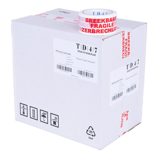 TD47 Ruban d'emballage fragile / fragile / zerbrechlich 50mm x 66m blanc (Boîte 36 rôles)