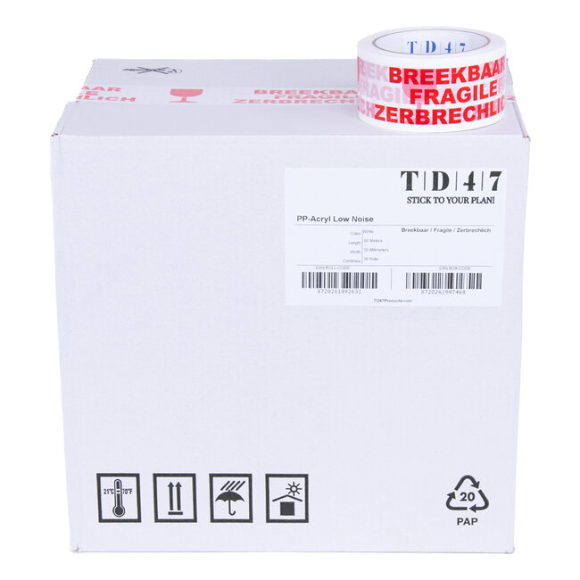 TD47 Verpackung Band Zerbrechliche / Fragile / zerbrechlich 50mm x 66m Weiß (Box 36 Rollen)