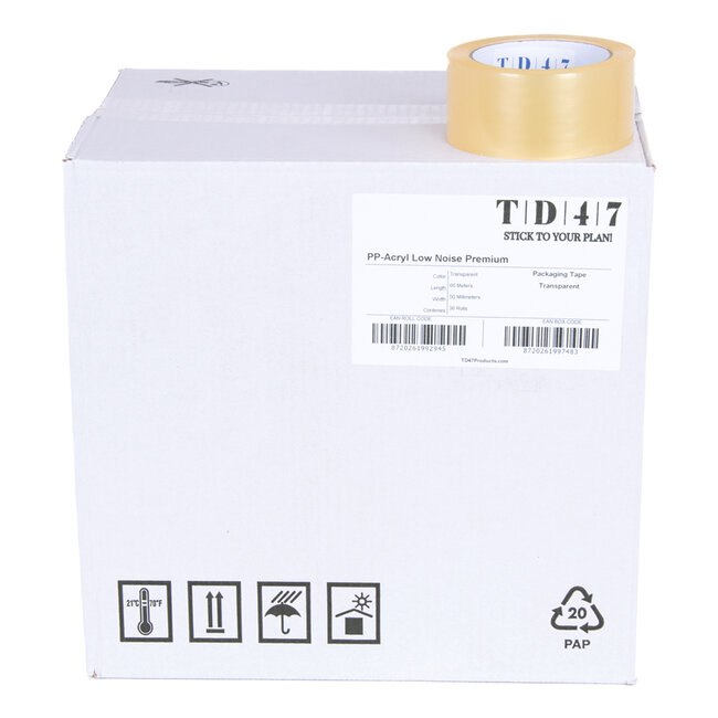 TD47 Packaging tape PP low noise Premium 48mm x 66m Transparent (Box 36 Rolls)