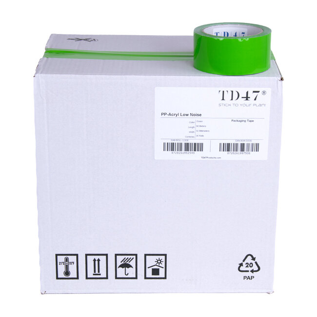 TD47 Packaging tape PP low noise 50mm x 66m Green (Box 36 Rolls)