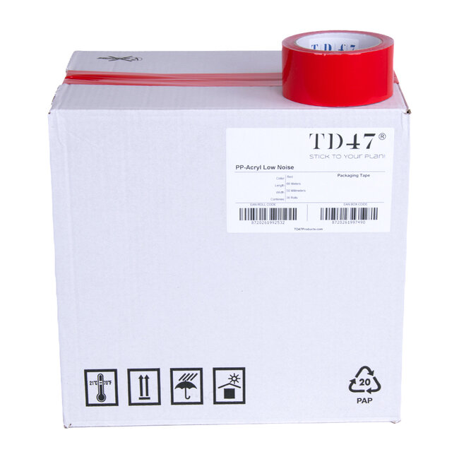 TD47 Verpakkingstape PP low noise 50mm x 66m Rood (Doos 36 Rollen)