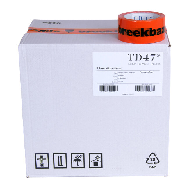 TD47 Verpakkingstape Breekbaar / Fragile 50mm x 66m Oranje (36 rollen)