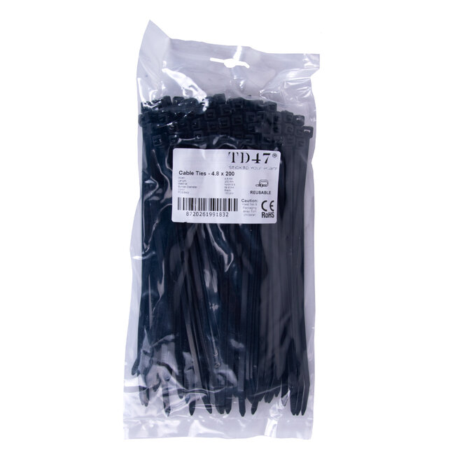 TD47 Cadre de câble refermable 4.8 x 200 mm Noir