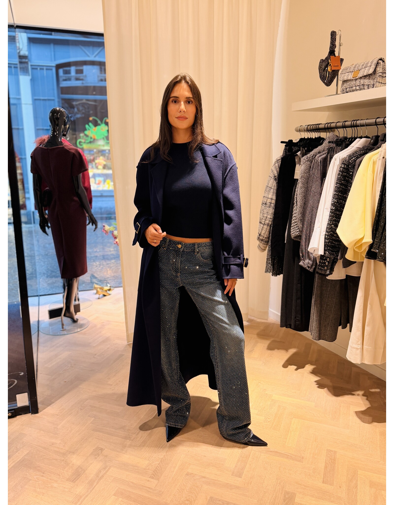 Elisabetta Franchi Lange mantel met riem E Franchi gold buttons dblauw