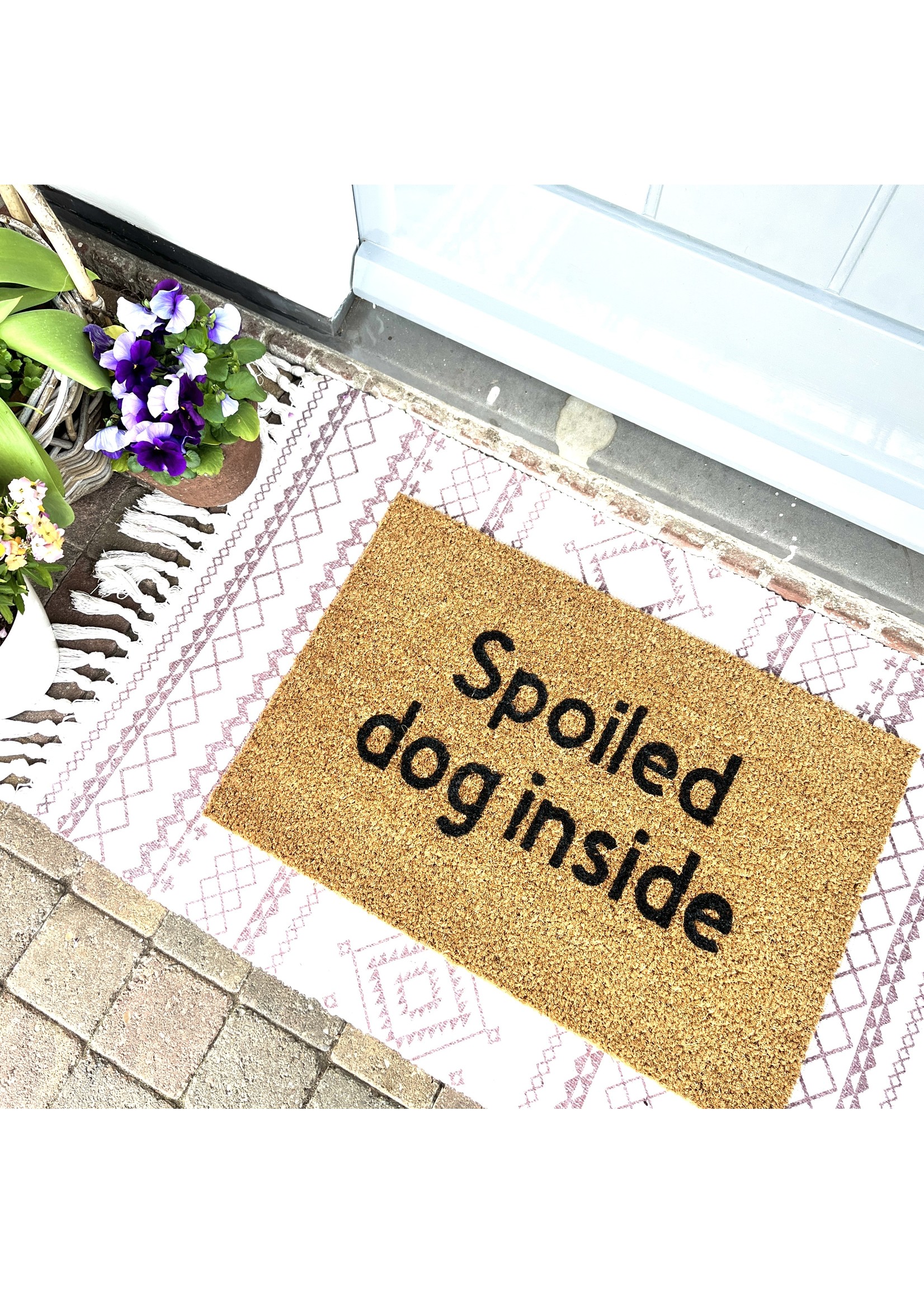 Spoiled dog inside doormat