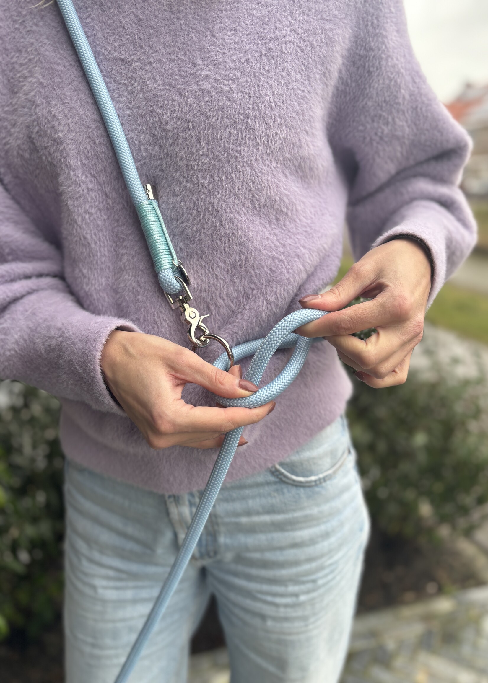 Baby blauwe honden riem handsfree