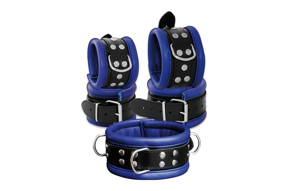 Lederhalsband 6,5 cm Blau mit Nieten und D-Ring Sicher